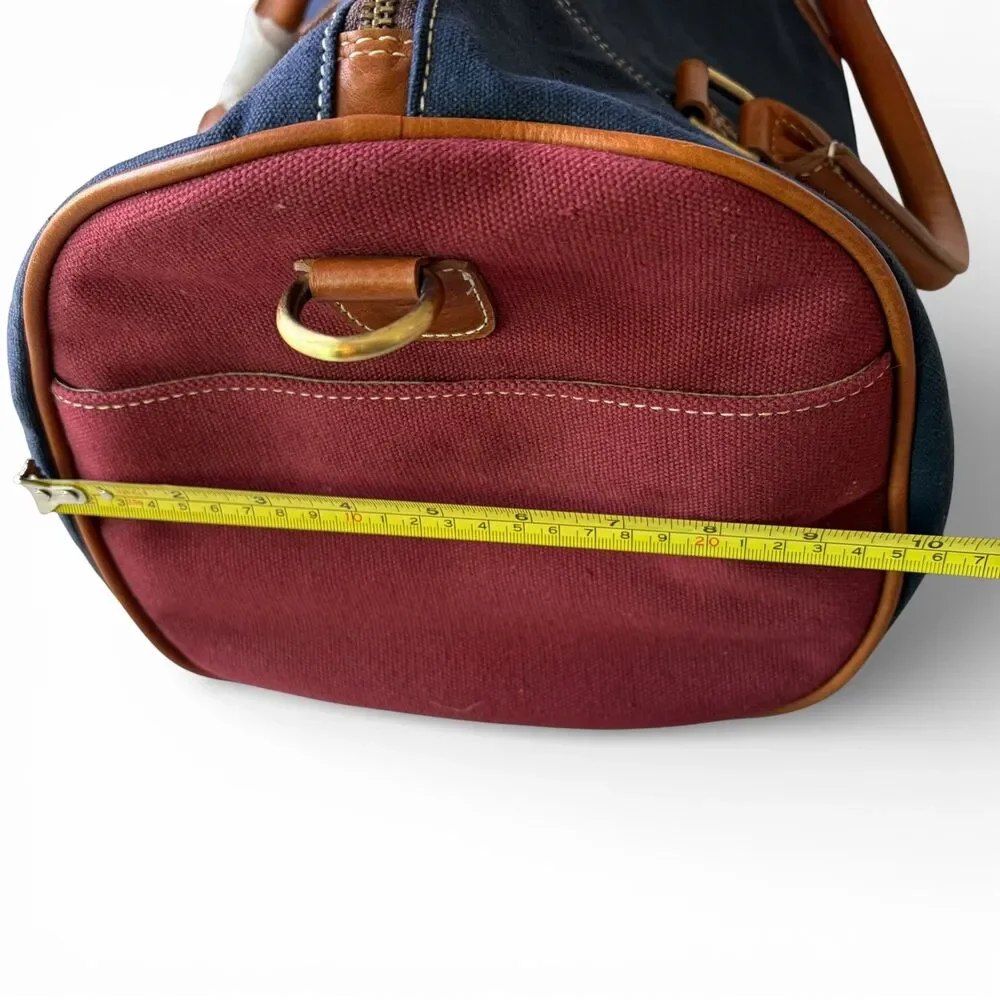 New F.H. Wadsworth NYC Brown Leather Trim Zip Duffle Bag Blue Red Fabric Luggage